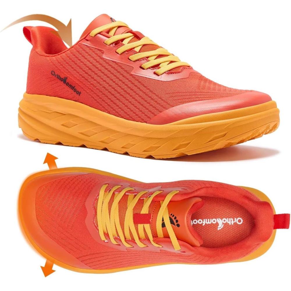 imageOrthoComfoot Orthopedic Diabetic Mens Wide Shoes Comfortable Arch Support Running Sneakers Plantar Fasciitis Wide Toe Box Work Tennis Outdoor Walking Shoes for Swollen Feet Heel PainK4orange Red