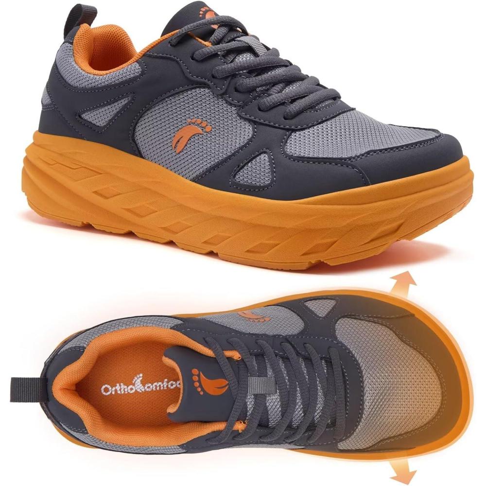 imageMens Orthopedic Diabetic Wide Toe Box Walking Shoes Comfortable Arch Support Plantar Fasciitis Orthotics Sport Shoes Swollen Feet Casual Running Tennis Sneakers for Foot and Heel Pain ReliefK3grey Orange