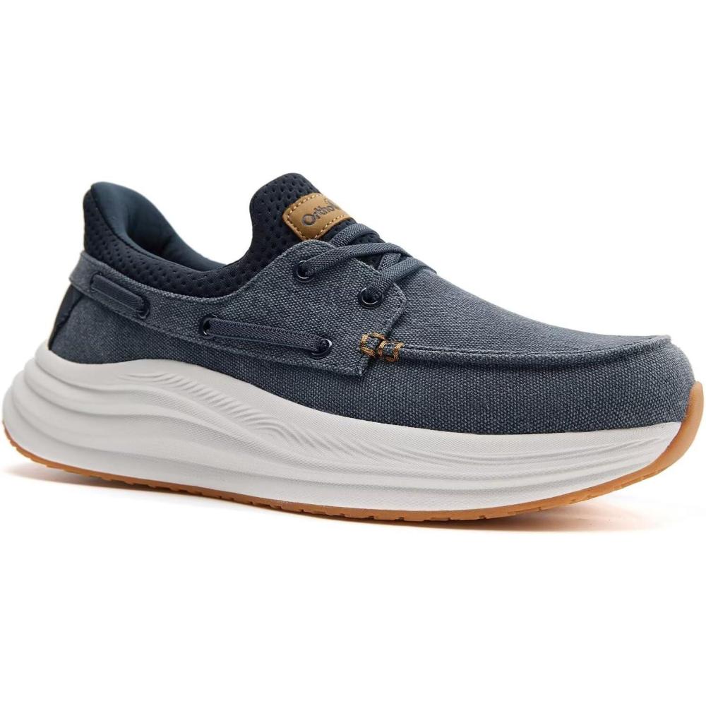 imageMens Orthopedic Slip On Walking Shoes Comfortable Plantar Fasciitis Arch Support Orthotic Loafers Flat Feet Casual Vintage Flat Canvas Shoes for Foot and Heel Pain ReliefW1denim