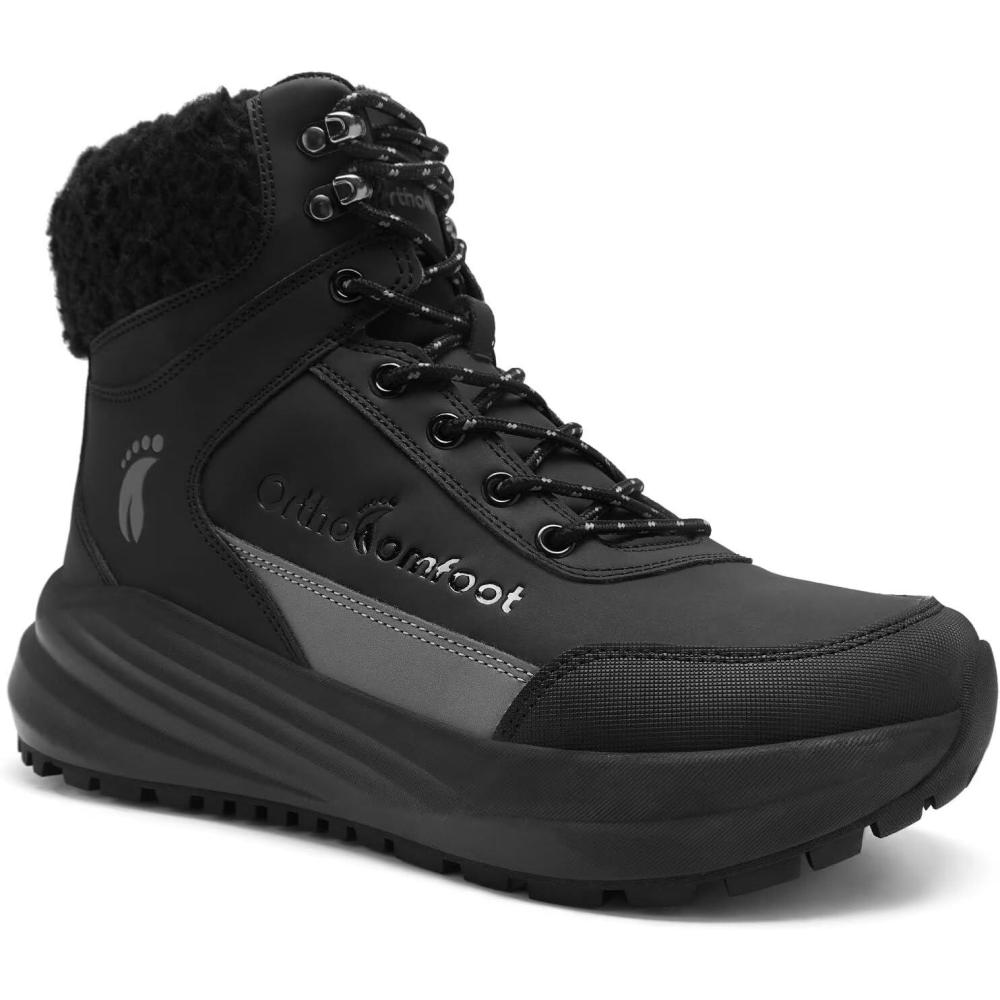 imageMens Orthopedic Winter Snow Boots Comfortable Wide Waterproof Plantar Fasciitis Arch Support Diabetic Walking Hiking Shoes Leather Warm Insulated Mid Ankle Boots for Foot Heel Pain ReliefK1black