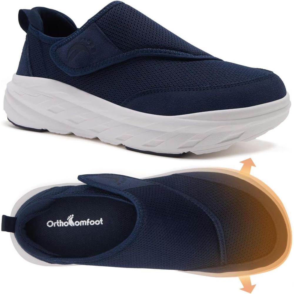 imageOrthoComfoot Mens Orthopedic Diabetic Wide Walking Shoes Comfortable Arch Support Plantar Fasciitis Orthotics Slip On Loafers Hammer Toes Casual Hook and Loop Shoes for Foot and Heel Pain ReliefK2dark Blue