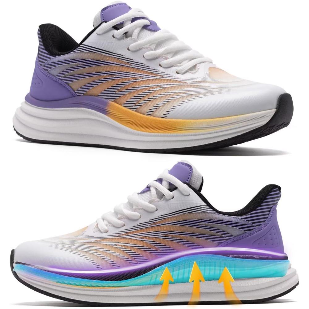 imageOrthoComfoot Mens Orthopedic Plantar Fasciitis Sneakers Comfortable High Arch Support Running Shoes for Walking Lightweight Casual Tennis Shoes Relief Flat Feet Heel PainW3white Purple