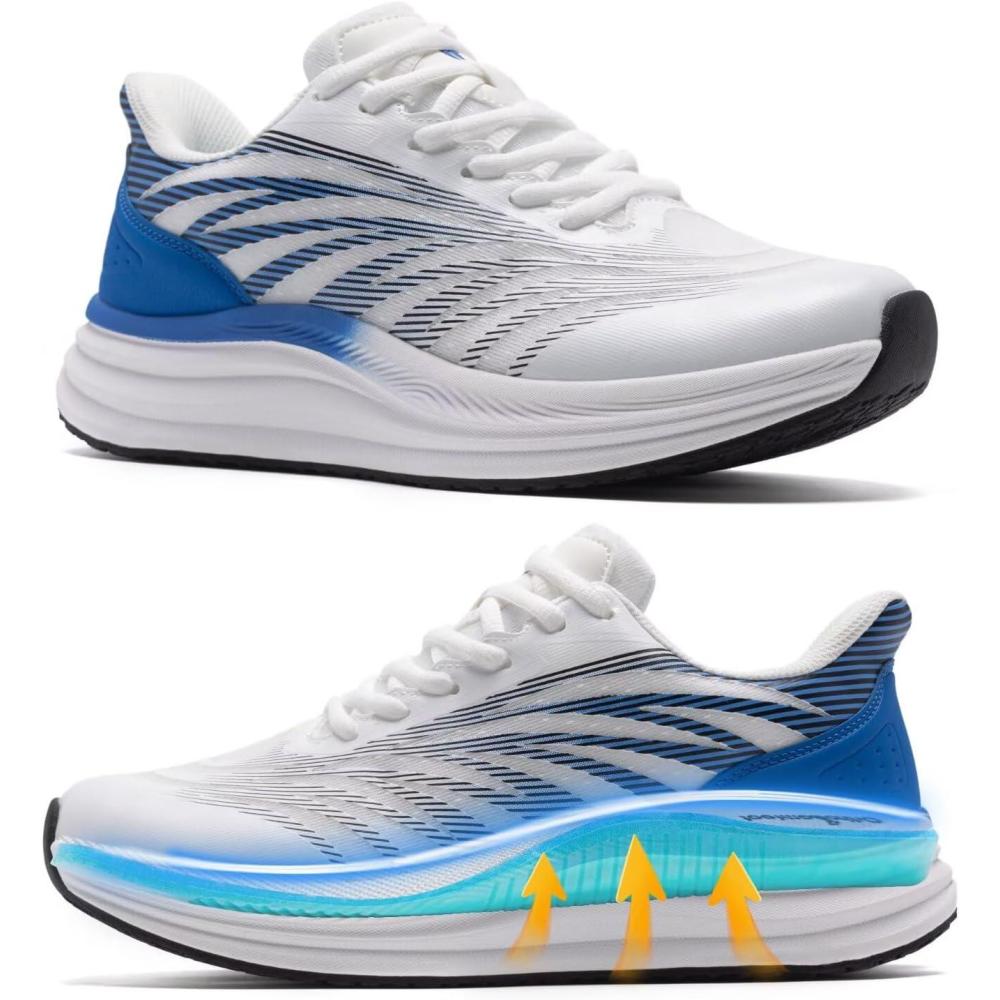 imageOrthoComfoot Mens Orthopedic Plantar Fasciitis Sneakers Comfortable High Arch Support Running Shoes for Walking Lightweight Casual Tennis Shoes Relief Flat Feet Heel PainW2white Blue