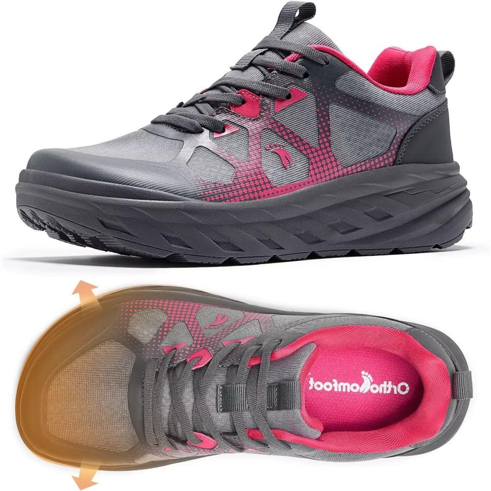 imageWomens Orthopedic Diabetic Wide Running Shoes Comfortable Casual Arch Support Plantar Fasciitis Orthotic Sneakers High Arch Swollen Work Tennis Sports Shoes for Foot and Heel Pain ReliefK2rose Red Gray