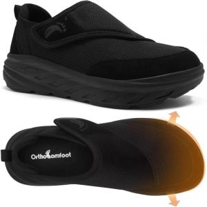 OrthoComfoot Men’s Orthopedic Diabetic Wide Walking Shoes: Comfortable Arch Support Plantar Fasciitis Orthotics Slip On Loafers, Hammer Toes Casual Hook and Loop Shoes for Foot and Heel Pain Relief(K1-black)