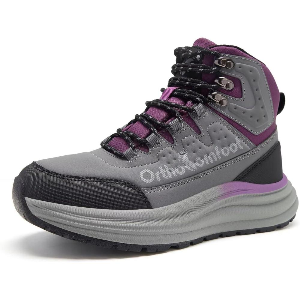 imageWomens Orthopedic Waterproof Hiking Boots Comfortable Plantar Fasciitis Walking Running Trekking Trail Sneakers Flat Feet Orthotic Mid Ankle Support Work Shoes for Foot and Heel Pain ReliefW1grey