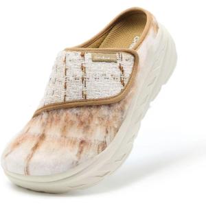 Women’s Orthopedic Diabetic Wide Slippers: Comfortable Arch Support Plantar Fasciitis Walking Shoes, Casual Flat Feet Winter Warm Hook and Loop House Slip On Loafers for Foot and Heel Pain Relief(K2-brown/Beige)