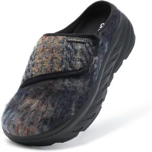 Women’s Orthopedic Diabetic Wide Slippers: Comfortable Arch Support Plantar Fasciitis Walking Shoes, Casual Flat Feet Winter Warm Hook and Loop House Slip On Loafers for Foot and Heel Pain Relief(K1-navy/Brown)