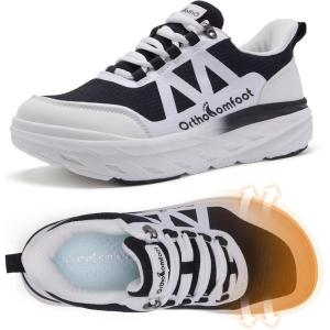 Women’s Orthopedic Diabetic Wide Walking Shoes: Comfortable Arch Support Plantar Fasciitis Orthotic Slip On/Off Sport Running Sneakers, Casual Flat Feet Swollen Athletic Shoes for Foot Heel and Pain(K1-black White)