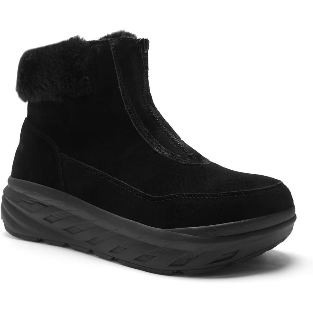 imageBoys Girls Kids Orthopedic Winter Snow Boots Wide Comfortable Casual Plantar Fasciitis Arch Support Orthotic Leather Walking Shoes Insulated Warm School Tennis Ankle Boots for Foot and Pain ReliefK1black