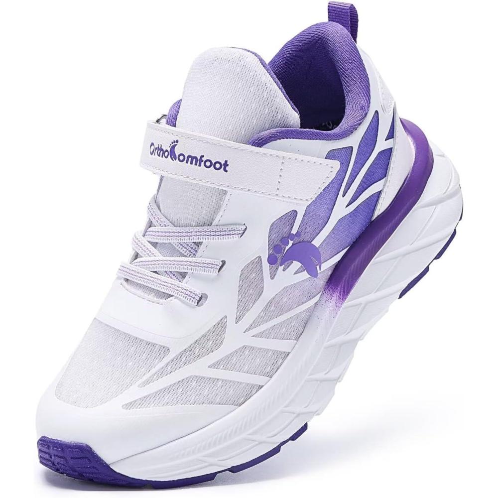 imageKids Orthopedic Tennis Shoes for Boys and Girls Comfortable Casual Plantar Fasciitis Arch Support Athletic Running Sneakers Orthotic Breathable School Sports Walking Shoes for Foot and Pain ReliefW5purple White