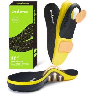 OrthoComfoot Work Boot Insoles for Men Standing All-Day: 240+LBS Heavy Duty High Arch Support Inserts, Pain Relief for Plantar Fasciitis, Anti Fatigue, Orthopedic No Trimming Need Soles,Size 10 Men(W1-yellow)