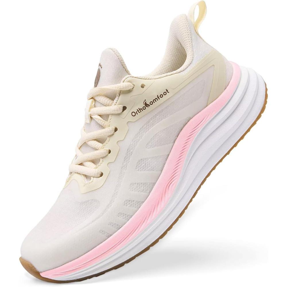 image:imageWomens Orthopedic Slip On Road Running Shoes Comfortable Arch Support Plantar Fasciitis Flat Feet Orthotic Athletic Sneakers Breathable Casual Outdoor Walking Shoes for Foot Heel and Pain ReliefW2beige