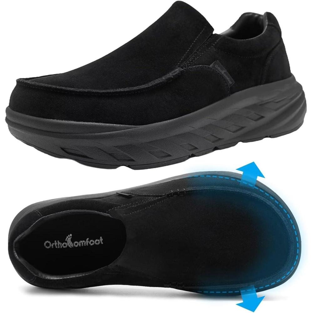 image:imageOrthoComfoot Mens Comfortable Orthopedic Diabetic Wide Shoes Arch Support Plantar Fasciitis Orthotic Slip On Loafers Hammer Toes Bunions Flat Leather House Walking Shoes for Foot Heel Pain ReliefK1black