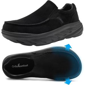 OrthoComfoot Men’s Comfortable Orthopedic Diabetic Wide Shoes: Arch Support Plantar Fasciitis Orthotic Slip On Loafers, Hammer Toes Bunions Flat Leather House Walking Shoes for Foot Heel Pain Relief(K1-black)