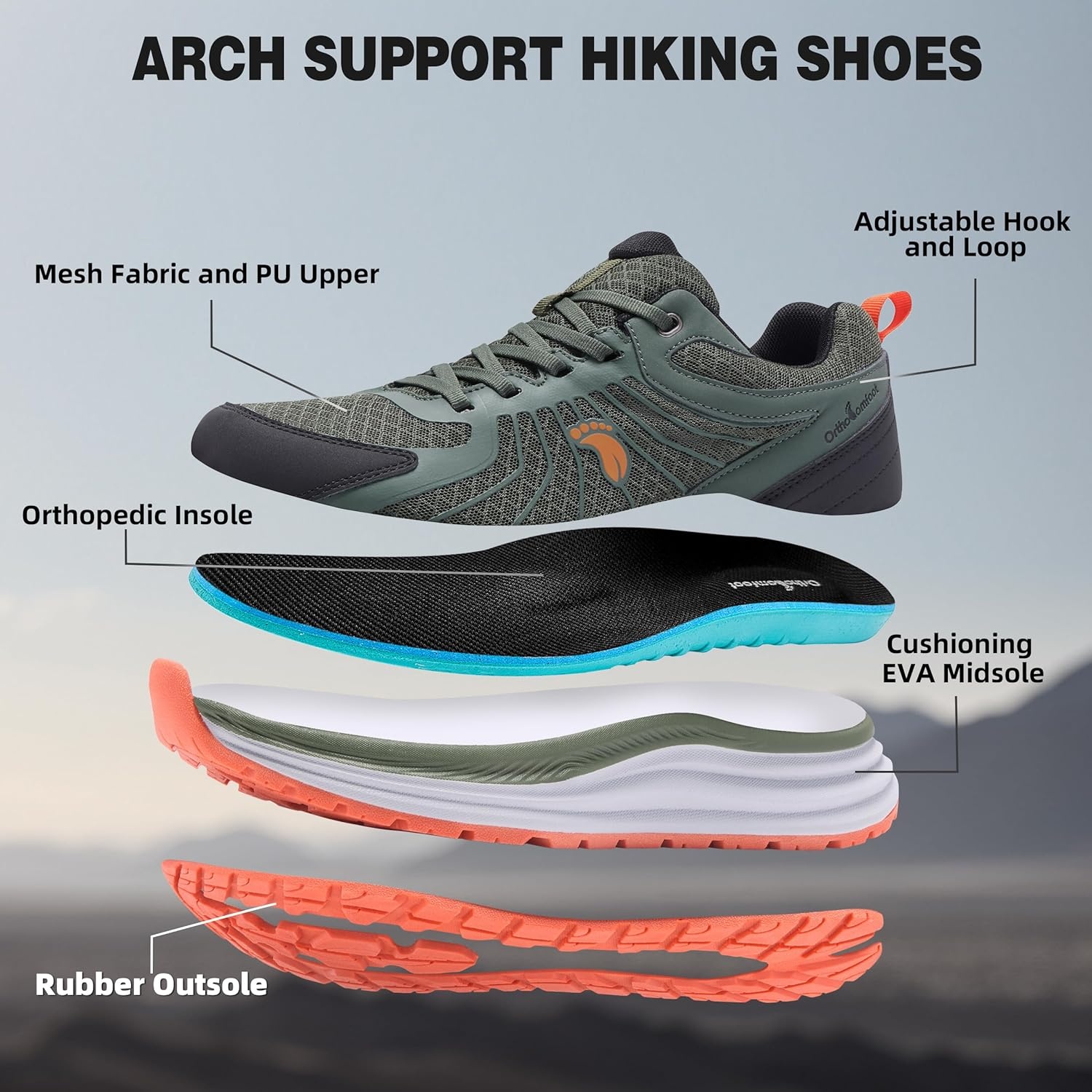 image:imageMens Orthopedic Waterproof Trail Running Shoes Arch Support Sneakers for Plantar Fasciitis Orthotic Comfort for Flat Feet Hiking Gym Sport Walking Shoes for Foot amp Heel Pain ReliefW2army Green