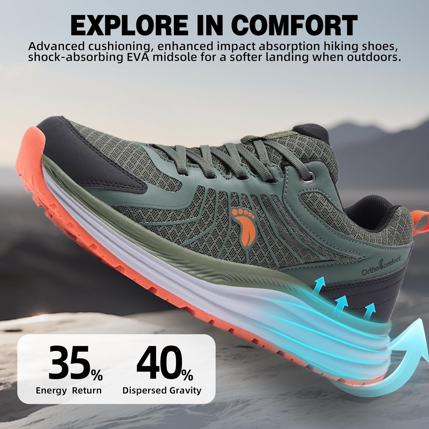 image:imageMens Orthopedic Waterproof Trail Running Shoes Arch Support Sneakers for Plantar Fasciitis Orthotic Comfort for Flat Feet Hiking Gym Sport Walking Shoes for Foot amp Heel Pain ReliefW2army Green