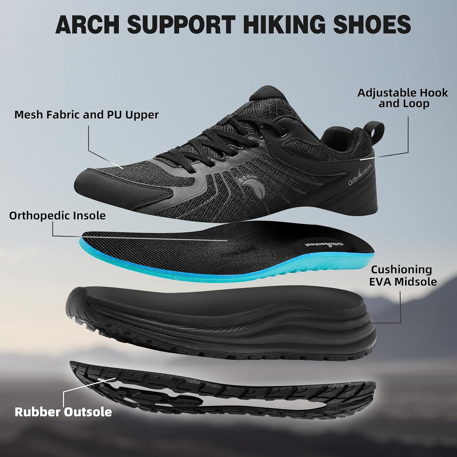 image:imageMens Orthopedic Waterproof Trail Running Shoes Arch Support Sneakers for Plantar Fasciitis Orthotic Comfort for Flat Feet Hiking Gym Sport Walking Shoes for Foot amp Heel Pain ReliefW1black