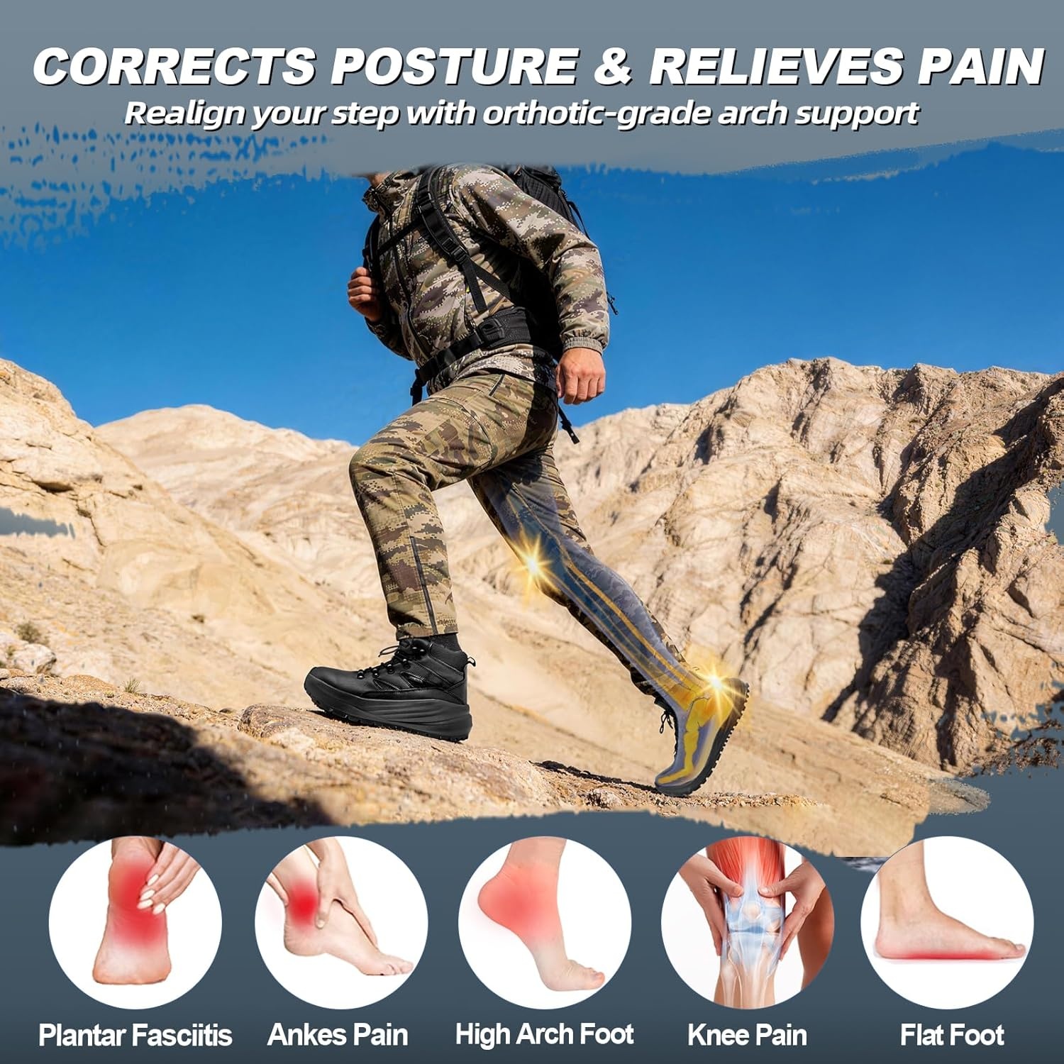 image:imageMens Orthopedic Wide Toe Box Tactical Boots Comfortable Plantar Fasciitis Arch Support Leather Military Combat Boots Long Standing Outdoor Hiking Non Slip Flat Feet Work Boots for Foot amp heel PainK1balck