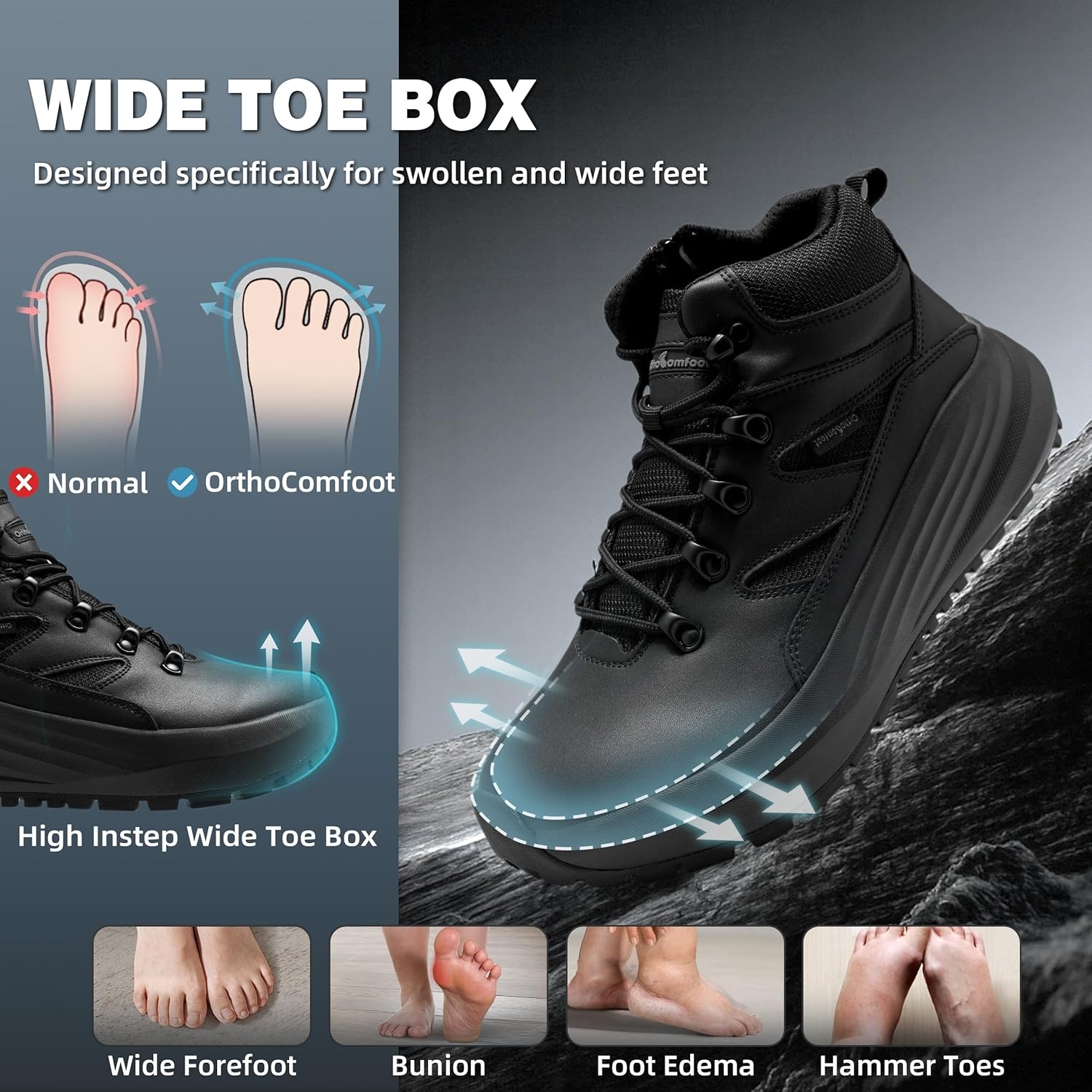 image:imageMens Orthopedic Wide Toe Box Tactical Boots Comfortable Plantar Fasciitis Arch Support Leather Military Combat Boots Long Standing Outdoor Hiking Non Slip Flat Feet Work Boots for Foot amp heel PainK1balck