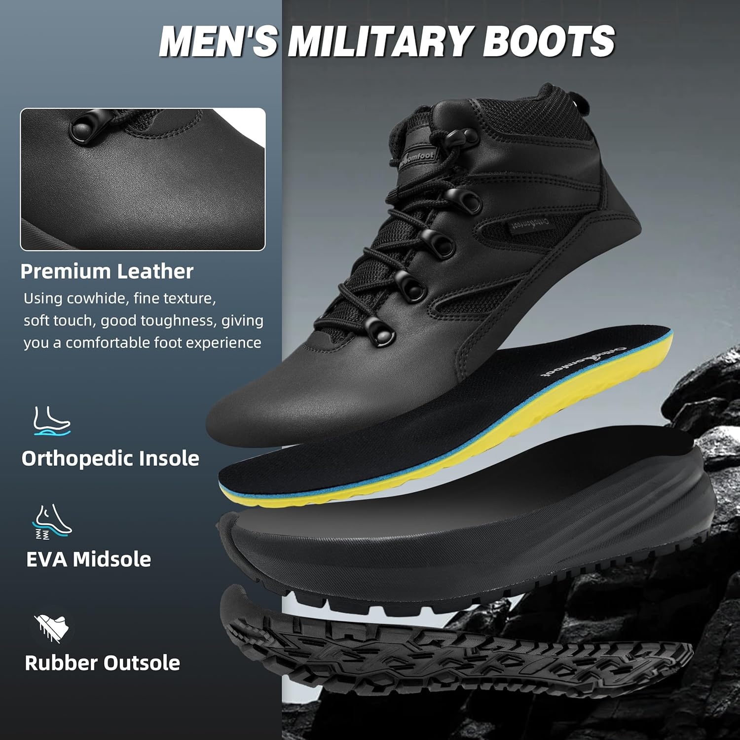image:imageMens Orthopedic Wide Toe Box Tactical Boots Comfortable Plantar Fasciitis Arch Support Leather Military Combat Boots Long Standing Outdoor Hiking Non Slip Flat Feet Work Boots for Foot amp heel PainK1balck