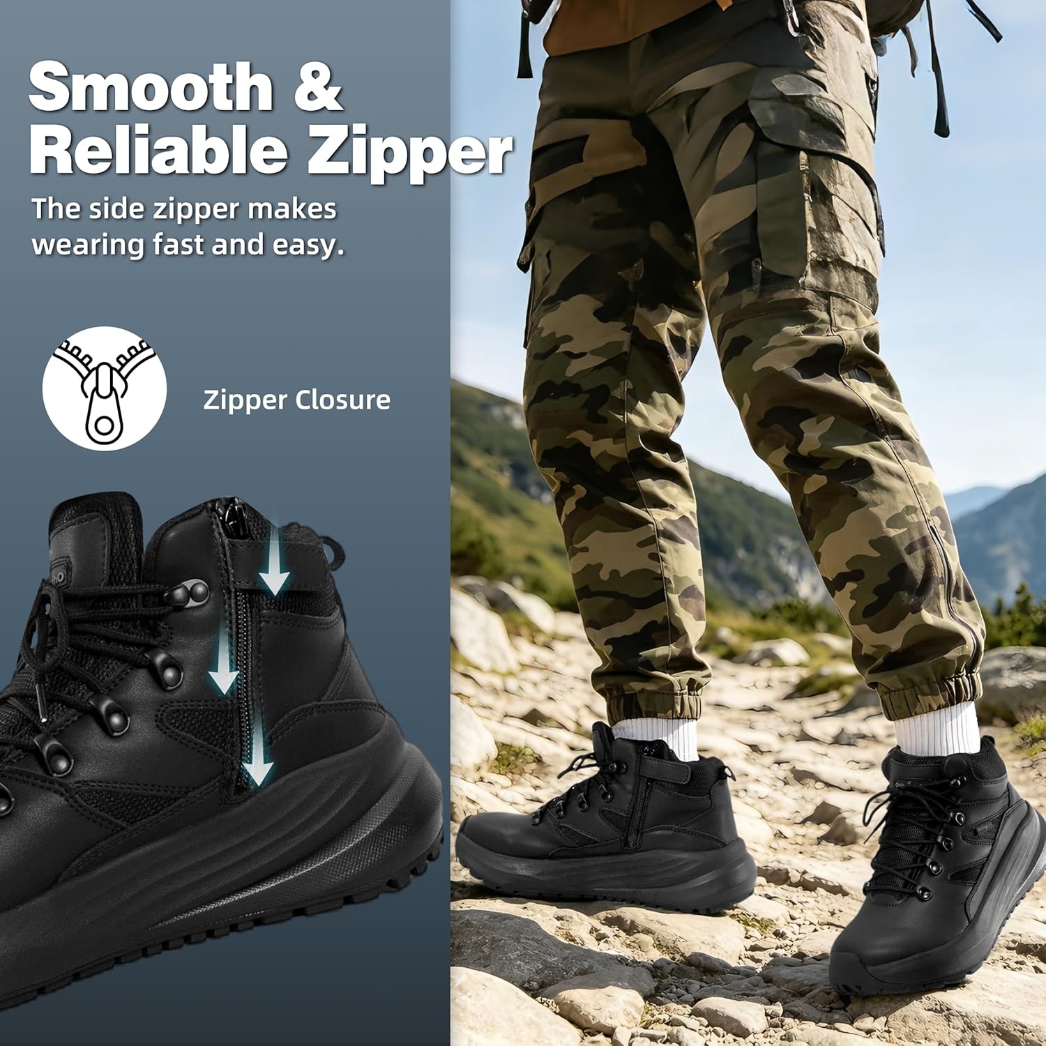 image:imageMens Orthopedic Wide Toe Box Tactical Boots Comfortable Plantar Fasciitis Arch Support Leather Military Combat Boots Long Standing Outdoor Hiking Non Slip Flat Feet Work Boots for Foot amp heel PainK1balck