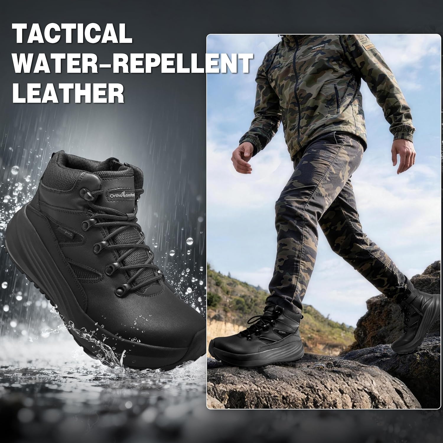 image:imageMens Orthopedic Wide Toe Box Tactical Boots Comfortable Plantar Fasciitis Arch Support Leather Military Combat Boots Long Standing Outdoor Hiking Non Slip Flat Feet Work Boots for Foot amp heel PainK1balck