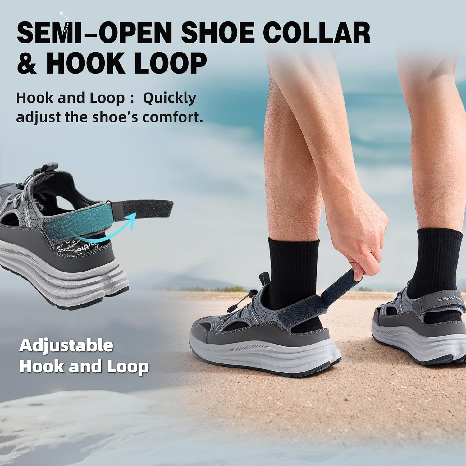 image:imageOrthoComfoot Mens Orthopedic Close Toes Hiking Sandals Plantar Fasciitis Arch Support Adjustable Hook Loop Strap Athletic Sandals Comfortable Casual Camping Water Summer Walking ShoesW2grey