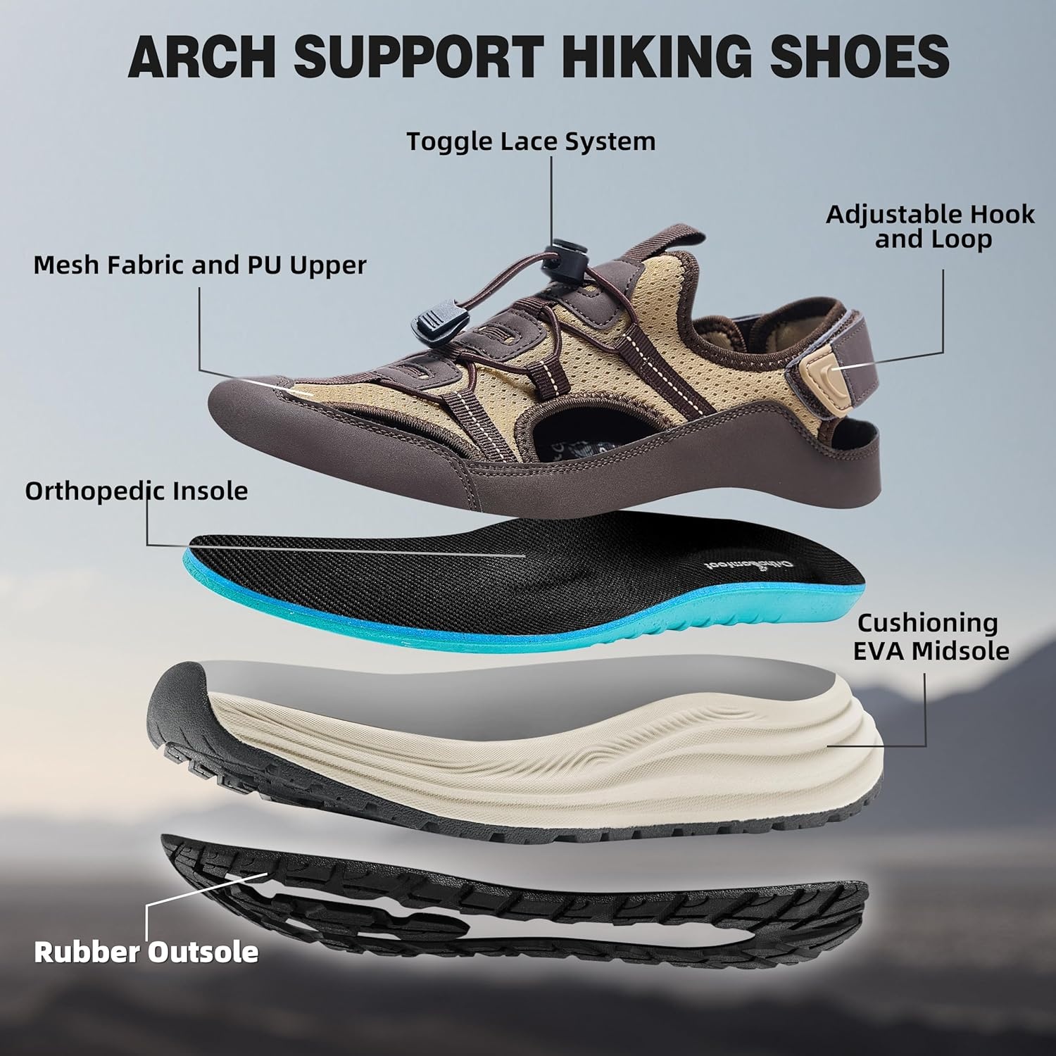 image:imageOrthoComfoot Mens Orthopedic Close Toes Hiking Sandals Plantar Fasciitis Arch Support Adjustable Hook Loop Strap Athletic Sandals Comfortable Casual Camping Water Summer Walking ShoesW3brown
