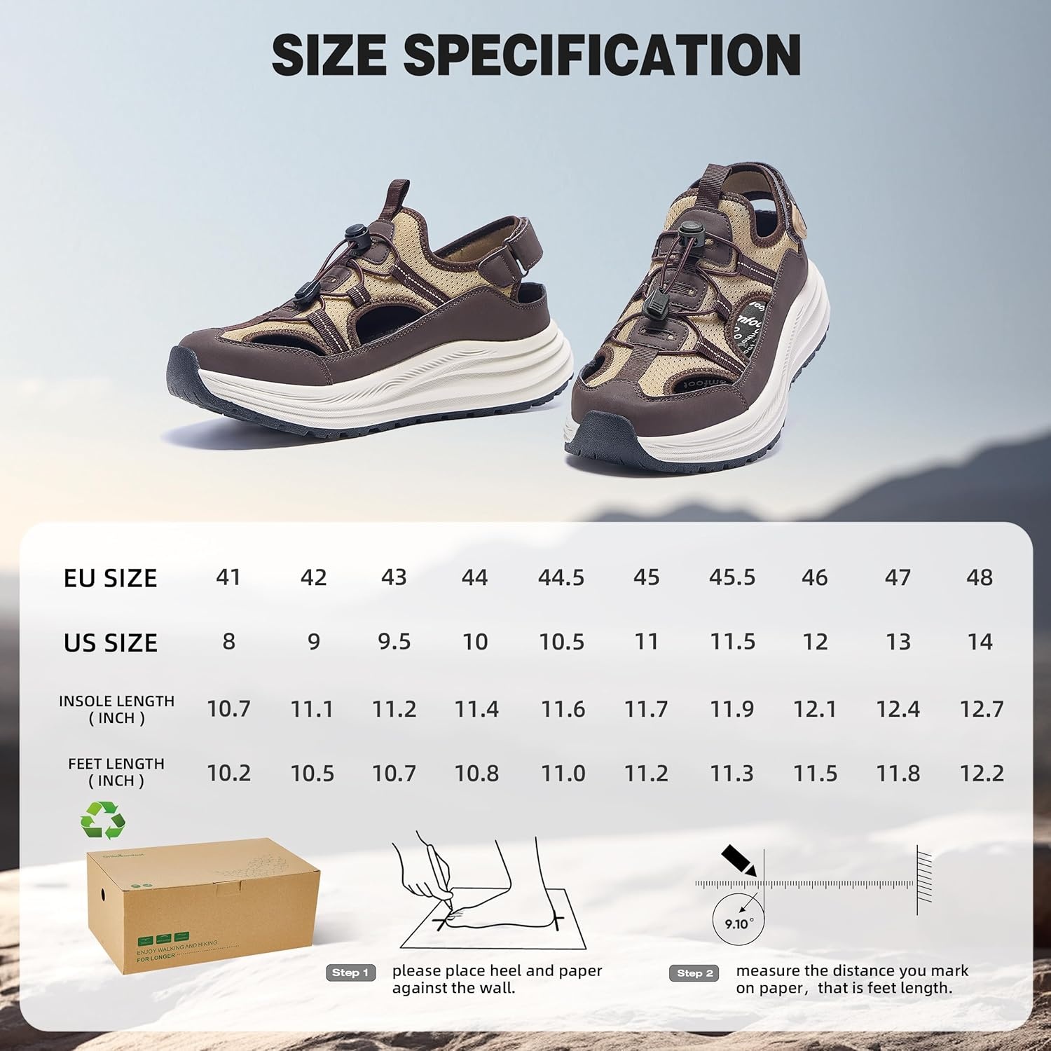 image:imageOrthoComfoot Mens Orthopedic Close Toes Hiking Sandals Plantar Fasciitis Arch Support Adjustable Hook Loop Strap Athletic Sandals Comfortable Casual Camping Water Summer Walking ShoesW3brown