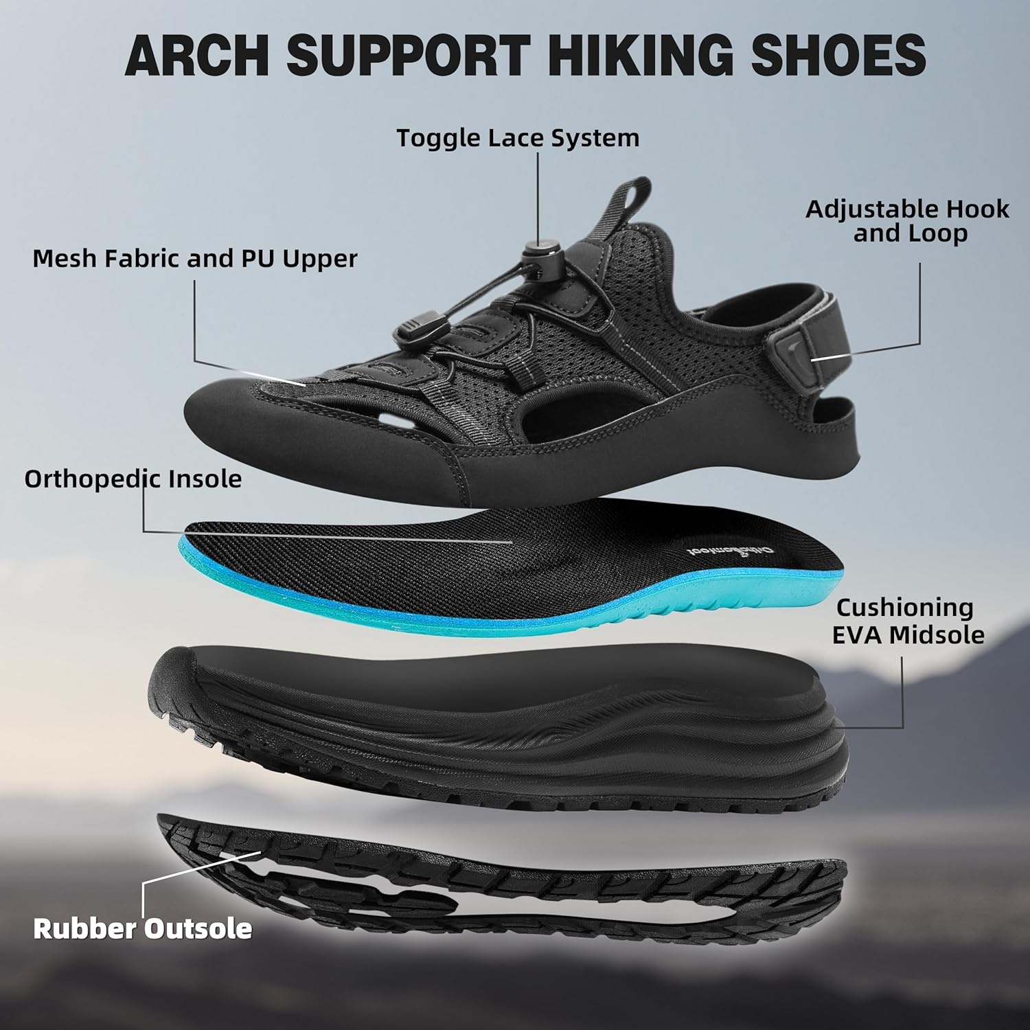 image:imageOrthoComfoot Mens Orthopedic Close Toes Hiking Sandals Plantar Fasciitis Arch Support Adjustable Hook Loop Strap Athletic Sandals Comfortable Casual Camping Water Summer Walking ShoesW1black