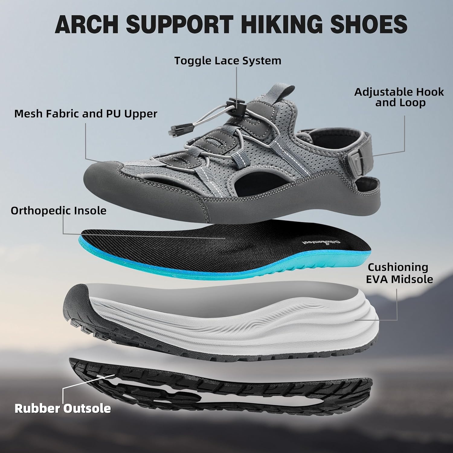 image:imageOrthoComfoot Mens Orthopedic Close Toes Hiking Sandals Plantar Fasciitis Arch Support Adjustable Hook Loop Strap Athletic Sandals Comfortable Casual Camping Water Summer Walking ShoesW2grey