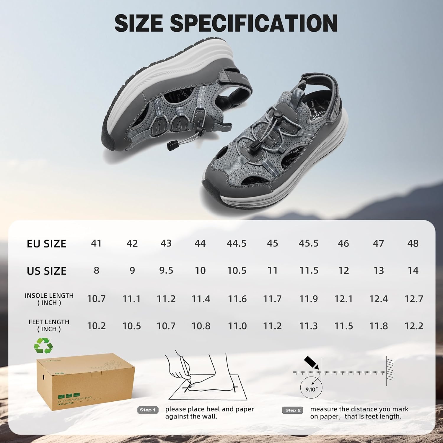 image:imageOrthoComfoot Mens Orthopedic Close Toes Hiking Sandals Plantar Fasciitis Arch Support Adjustable Hook Loop Strap Athletic Sandals Comfortable Casual Camping Water Summer Walking ShoesW2grey