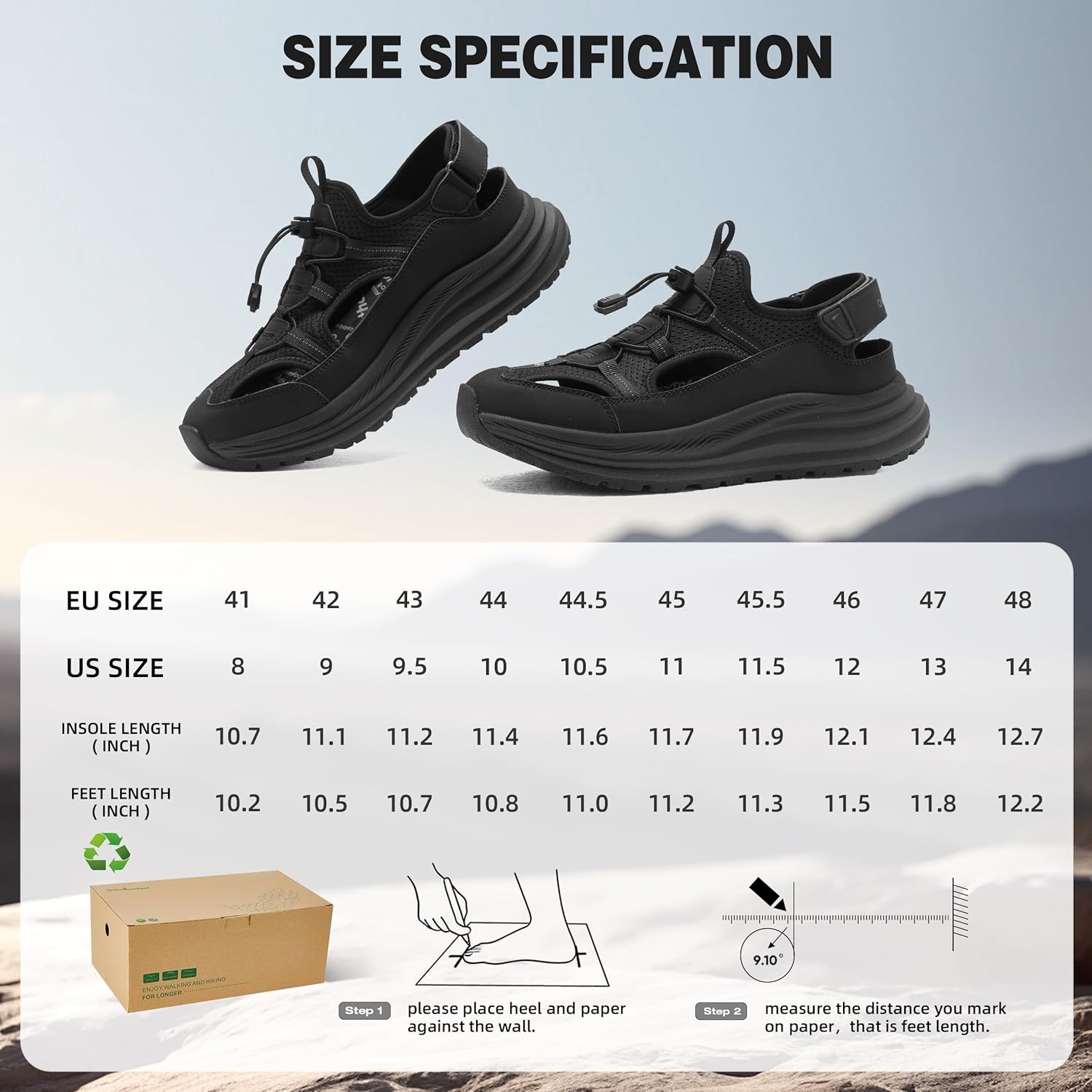image:imageOrthoComfoot Mens Orthopedic Close Toes Hiking Sandals Plantar Fasciitis Arch Support Adjustable Hook Loop Strap Athletic Sandals Comfortable Casual Camping Water Summer Walking ShoesW1black