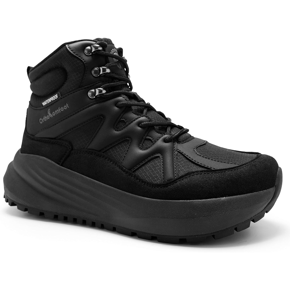 image:imageOrthoComfoot Mens Orthopedic Wide Waterproof Hiking Boots Arch Support Plantar Fasciitis Ankle Support Mid Trekking Boots Orthotic Non Slip Trail Shoes for Foot amp Heel Pain ReliefBlack