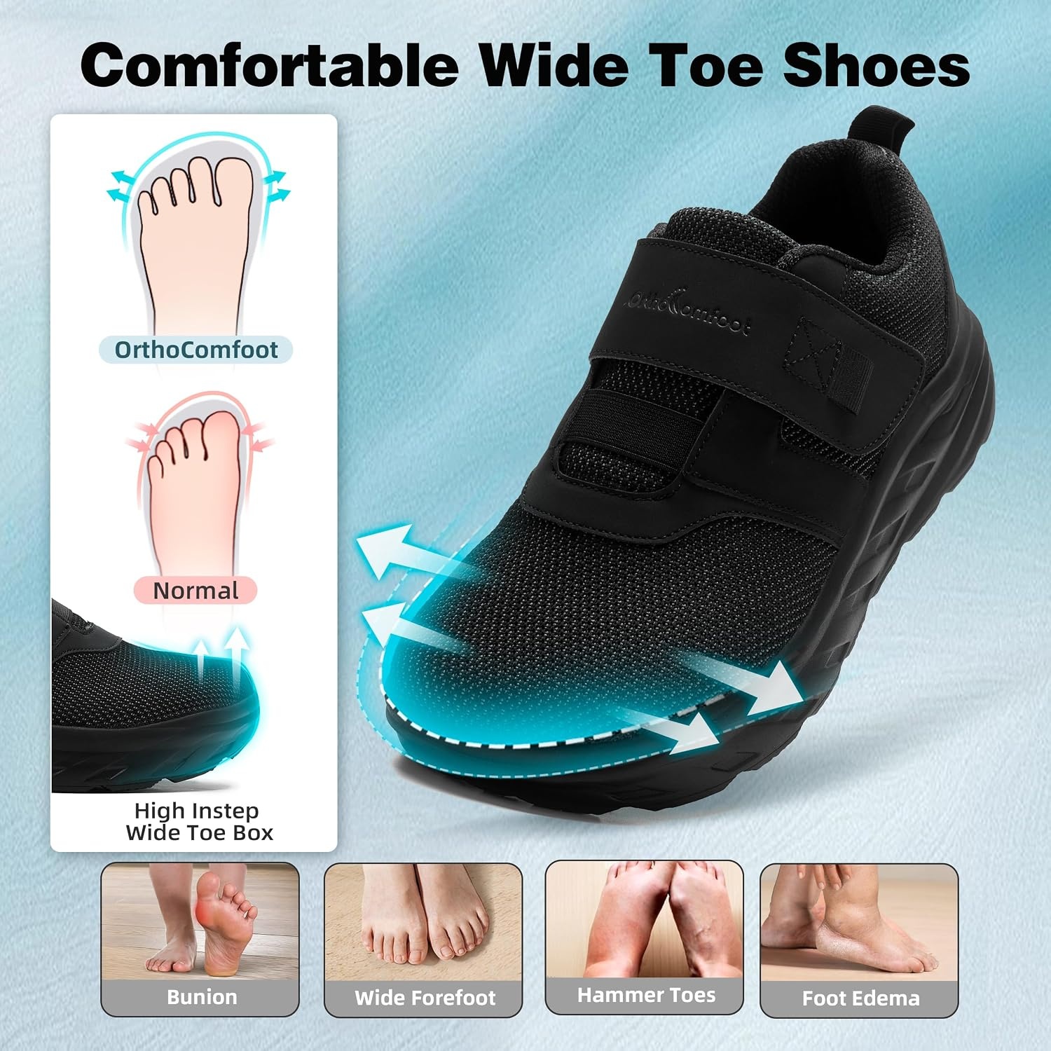 image:imageOrthoComfoot Mens Orthopedic Diabetic Extra Wide Walking Shoes Adjustable Arch Support Slip Ons Loafers for Swollen Feet Orthotic Plantar Fasciitis House Shoes for Foot amp Heel Pain ReliefK1black1