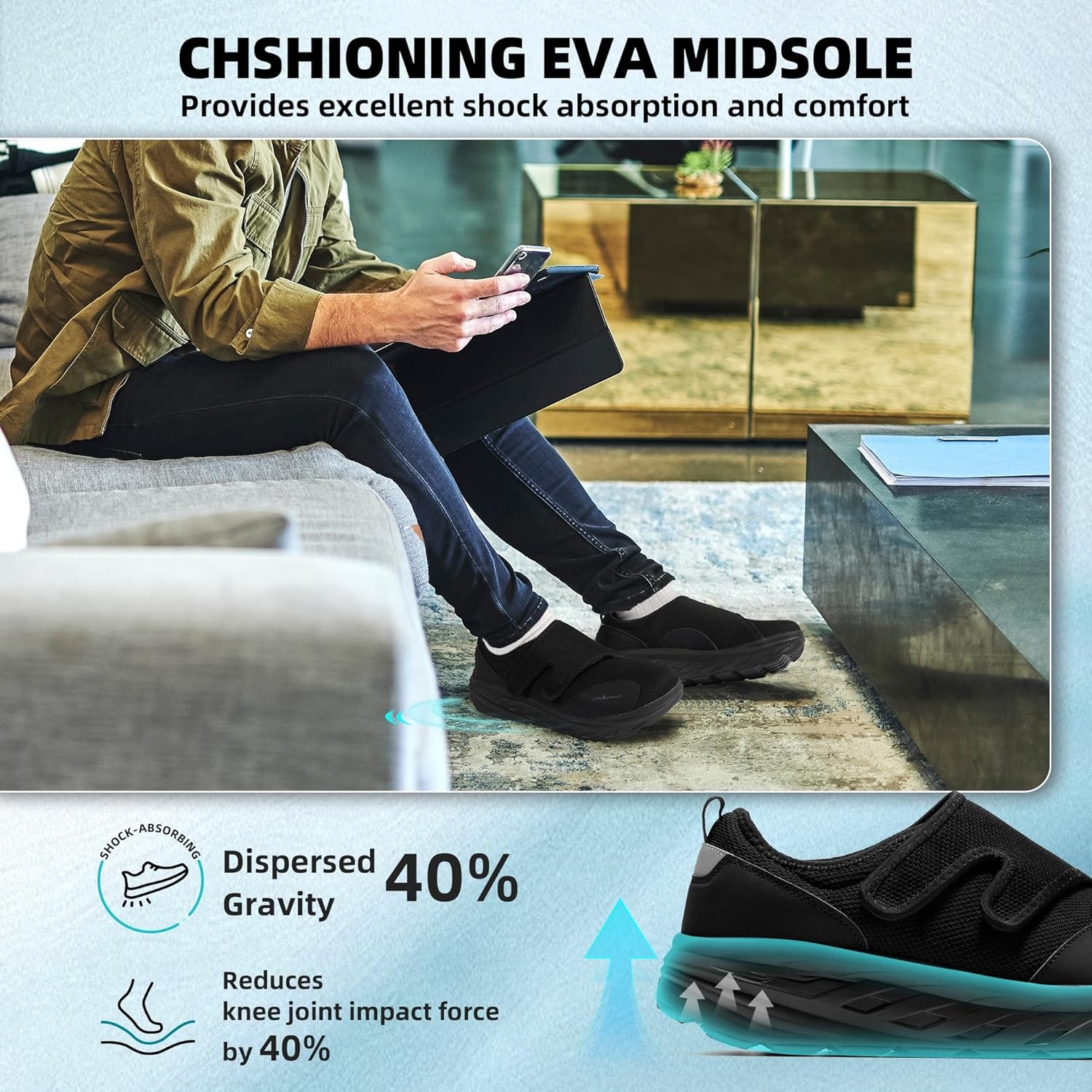 image:imageOrthoComfoot Mens Orthopedic Diabetic Wide Toe Box Shoes Adjustable Arch Support Plantar Fasciitis SlipOn Loafers Comfortable Walking Houes Shoes for Swollen Feet amp Heel Pain ReliefK1black